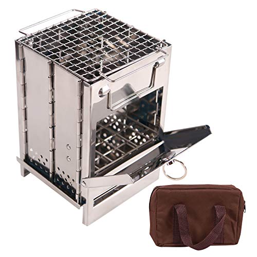 Portable Folding Camping Wood Stove for Outdoor Cooking, Sturdy Lightweight 304 Stainless Steel Wood Burning Camp Stove with Grill for Backpacking BBQ Small/Large (Small) - size: Small without Grid and Pot Stand