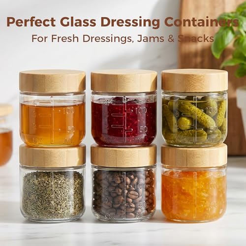 HomArtist 4oz Glass Salad Dressing Containers with Bamboo Lids - 3 Pack Small Airtight Condiment Cups, Leakproof Mini Sauce Jars for Picnic, Ketchup, Dip & Snacks, BPA-Free & Dishwasher Safe - color: 4oz - 3 Pack