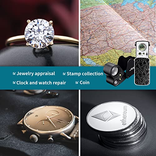 JARLINK 2 Pack 30X 60X 90X Illuminated Jewelers Loupe | Foldable Magnifier with LED & UV Light, for Gems, Diamonds, Coins and Stamps Identification - color: Black
