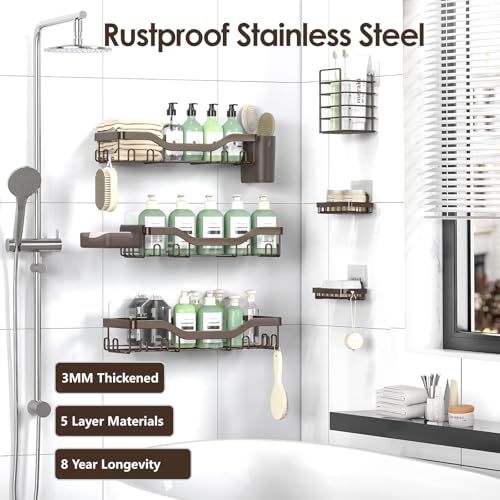NESOMI Shower Caddy Adhesive Shower Organizer 8-Pack, Rustproof Stainless Steel Bathroom Shelves, Large Capacity No-Drill Rack Storage Accessories with Soap Dish Toothbrush Holder Hooks - color: Brown, size: 8-Piece Set