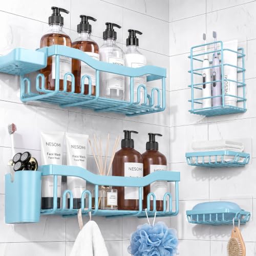 NESOMI Shower Caddy Adhesive Shower Organizer 7-Pack, Rustproof Stainless Steel Bathroom Shelves, Large Capacity No-Drill Rack Storage Accessories with Soap Dish Toothbrush Holder Hooks - color: Blue, size: 7-Piece Set