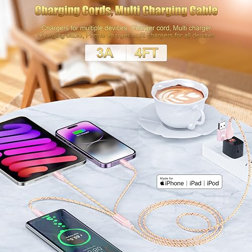 Multi Charging Cable 4FT 2Pack 3 in 1 Apple MFi Certified Braided Cord | Fast Charger Cord with Lightning USB-C Micro,Nylon Braided Universal Phone Charger for iPhone17-5 iPad Android Devices Travel - color: Rose/Grey-4ft-2Pack