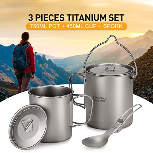 TOMSHOO 750ml Titanium Pot with Lid + 450ml Titanium Mug + Folding Spork | Camping Coffee Cup with Foldable Handle, Backpacking Cup for Hiking Travelling Camping Open Fire - size: 750 mL Pot + 450 mL Cup + Spork