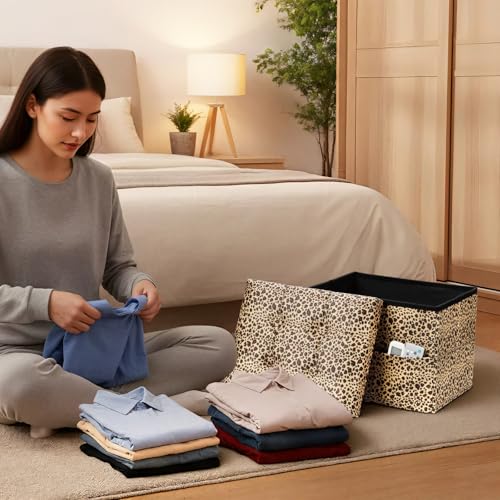 AmasSmile Ottoman with Storage,17" Folding Velvet Foot Rest Chest,Leopard - color: Leopard Print, size: 17"*13"*13"inch
