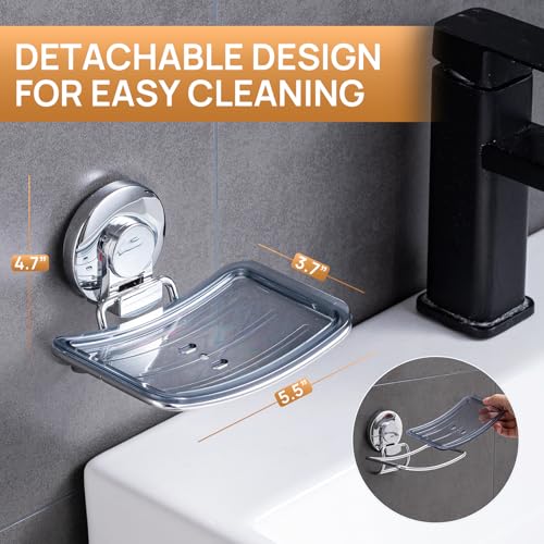 LEVERLOC Chrome Suction Cup Soap Dish Holder for Shower Wall Drill-Free Rustproof Waterproof Wall Mount Strong Suction Removable Bar Soap Sponge Holder for Bathroom Bathtub Kitchen - style: 1 tier Chrome