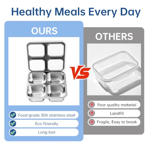 BEFOY 4-Pack Stainless Steel Snack Box, Leak-Proof Bento Lunch Container | Snackle alternative. 4 compartment divided. Meal prep, food storage. Kids, adults. Reusable, stackable. School, picnic travel - color: Gray, size: 2