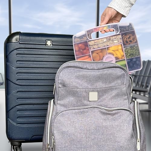 PrimaStella Snacktainer Travel Snack Box - 15 Compartment Snackle Box with Handle and Removable Tray with Leakproof Dip Cup - for Snacks, Road Trips, Airplane Travel (Cream) - color: Cream