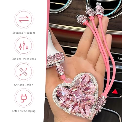 3-in-1 Car Retractable Multi Charging Cable, Rhinestone Heart Data Sync & Fast Charger with Lightning/Micro/Type-C USB Connectors for Most Phones (Pink) - color: Pink