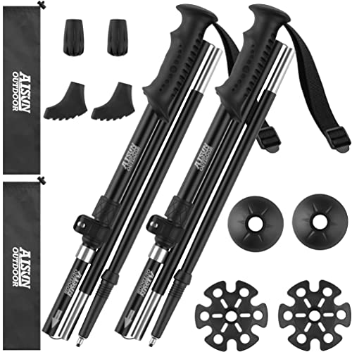 AISUNOURDOOR Lightweight Adjustable Trekking Poles, Aluminum Collapsible Travel Hiking or Walking Sticks for Women Children, with One Disposable Raincoat - color: Black