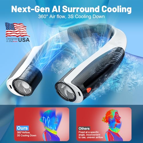 Portable Neck Fan with 6 Powerful Speeds, 8000mAh Battery Rechargeable Fan - color: Black-White
