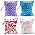 Wet Bag, 4Pcs Wet Dry Bag Set, Reusable Waterproof Bags with Purple Diagonal, Bow, Heart & Blue Diamond Lattice Prints for Women, Suitable for Beach Trips & Daily Organizing - color: Stripe & Bow & Heart & Plaid