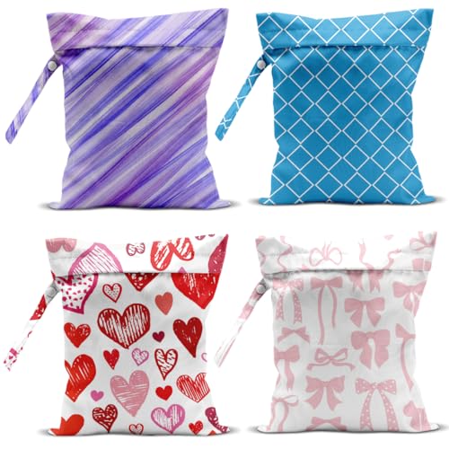 Wet Bag, 4Pcs Wet Dry Bag Set, Reusable Waterproof Bags with Purple Diagonal, Bow, Heart & Blue Diamond Lattice Prints for Women, Suitable for Beach Trips & Daily Organizing - color: Stripe & Bow & Heart & Plaid