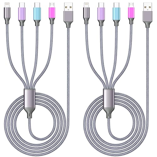 Multi Charging Cable 4ft 2Pack 4 in 1 Charger Cord,Doub Tyep-C Rapid Cable | Nylon Braided Cable USB Charging Cable Multi Phone Charger Cord with Type C Micro Lightning for Apple iPhone17-5 Cell Phones - color: Grey-4in1