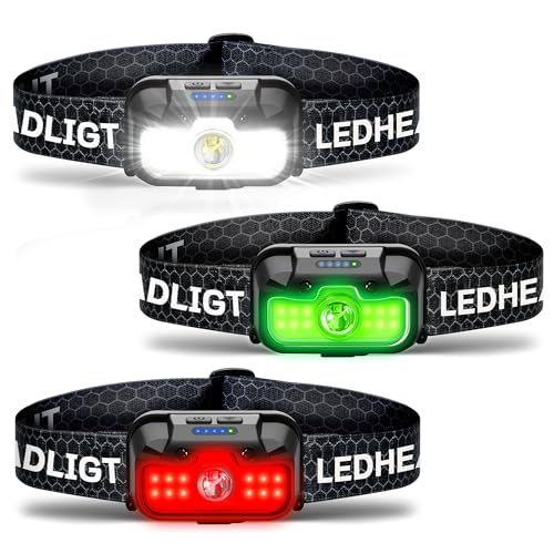 HOKOILN 3-Pack 1300LM LED Headlamp Rechargeable with Green & Red Light - color: Cool Black, size: 3 Packs