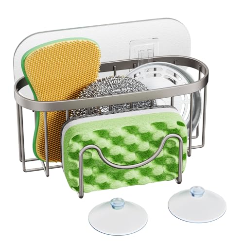 HapiRm Multifunctional Kitchen Sponge Holder with Unique M-Shaped, 2 Installation Ways Sink Caddy, Stainless Steel Kitchen Organizer for Sponge, Brush, Sink Stopper and Scraper -Brushed Nickel - color: Brushed Nickel, size: with M-shaped Holder