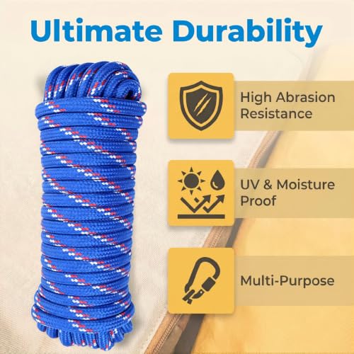 1/2 in × 100 ft Blue Diamond Braided Polypropylene Rope with Non-Woven Core, 32-Strand High Strength for Clothesline, Flagpole, Camping, Indoor & Outdoor Use (2 Pack, 50ft Each) - size: 1/2" x 100FT, style: Blue