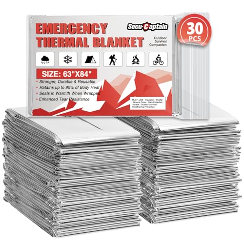 SecuCaptain Survival Emergency Thermal Blankets: 30 Pack Extra Large 84” x63” Space Mylar Blanket Kit for Outdoor Cold Winter Camping Hiking Car Bug Out Bag or First Aid - color: Sliver, size: 30 Pack