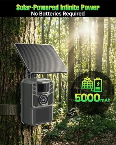 Trail Camera Solar Powered 4K 48MP, 5000mAh Built-in Battery Wildlife Hunting Game Camera, Motion Activated Night Vision, IP67 Waterproof, Includes 64GB SD Card