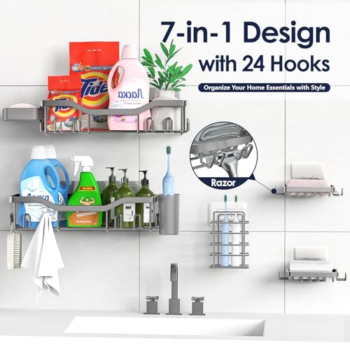 NESOMI Shower Caddy Adhesive Shower Organizer 7-Pack, Rustproof Stainless Steel Bathroom Shelves, Large Capacity No-Drill Rack Storage Accessories with Soap Dish Toothbrush Holder Hooks - color: Grey, size: 7-Piece Set