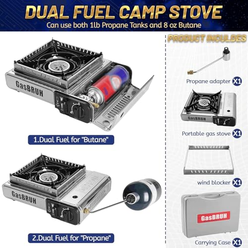 GasBRUH Propane or Butane Camping Stove with Windblocker, Dual Fuel 10,000 BTU Stainess Steel Propane Stove for Camping(TANK not included) - color: S