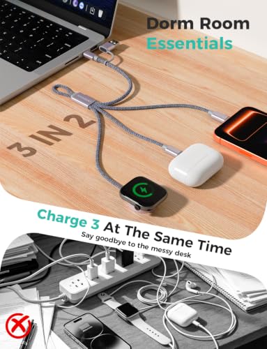 Travel Essentials,3 in 2 USB C Cable for Apple Watch Charger,iPhone Charger,Multi Charging Cable,Cruise Vacation Camping Essentials,Portable for iWatch Series 11-2/Ultra/SE & iPhone 17-12,Car,0.7FT - color: Grey, size: 1pack-0.7ft