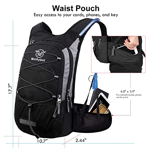 Mothybot Hydration Pack, Insulated Hydration Backpack with 2L BPA Free Water Bladder and Storage, Hiking Backpack for Men, Women, Kids for Running, Cycling, Camping - Keep Liquid Cool up to 5 Hours - color: Black