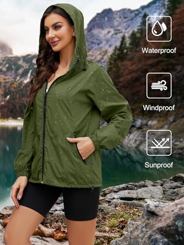 CRIPOM Packable Rain Jacket Women Waterproof Lightweight Jacket With Hood Womens Windbreaker Jacket S-XXL - color: Army Green, size: XX-Large