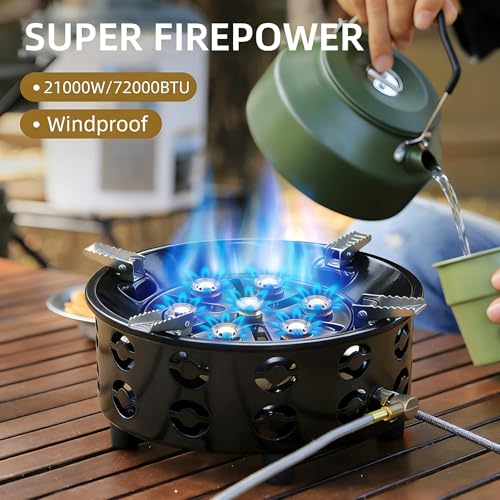 3 in 1 Portable Windproof Camping Stove Gas Cooking Burner, 21000W Propane Burners with Piezo Ignition and Carrying Bag for Outdoor Backpacking Picnic Hiking