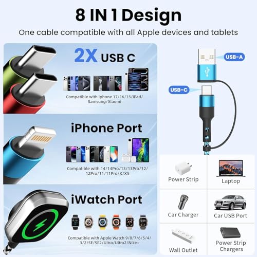 Travel Essentials 4 in 2 Multi Charging Cable for iWatch Charger, 1Pcs 5FT | Travel Charging Cords for Multiple Devices with Dual Type-C/IP/iWatch Charger, Travel Cable for iWatch Ultra/11-2, iPhone17-8 - color: Black&Blue