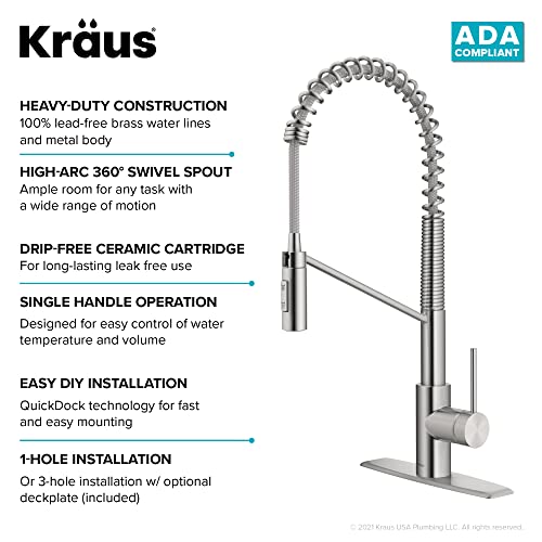 KRAUS Oletto Commercial Style Single Handle Pull Down Kitchen Faucet with QuickDock Top Mount Installation Assembly in Spot Free Stainless Steel, KPF-2631SFS - color: Spot-Free Stainless Steel, style: Commercial Style Faucet