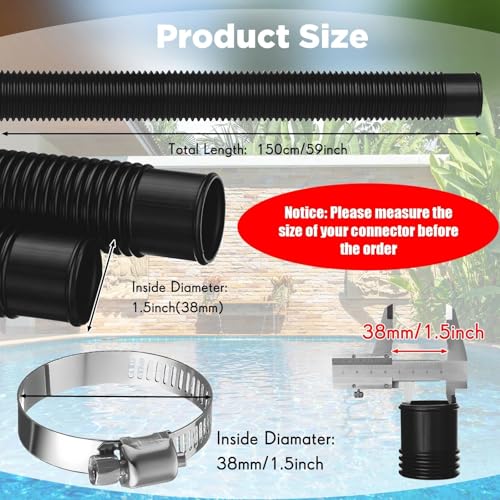 Upgrade 2 Pcs 1.5'' Diameter 59'' Length Swimming Pool Filter Hose with 4 Clamps 2 pcs 1.25 to 1.5 Type B Adapter 2 Replacement Hose Adapter W/collar for Pumps Above Ground Pools(Black) - color: Black