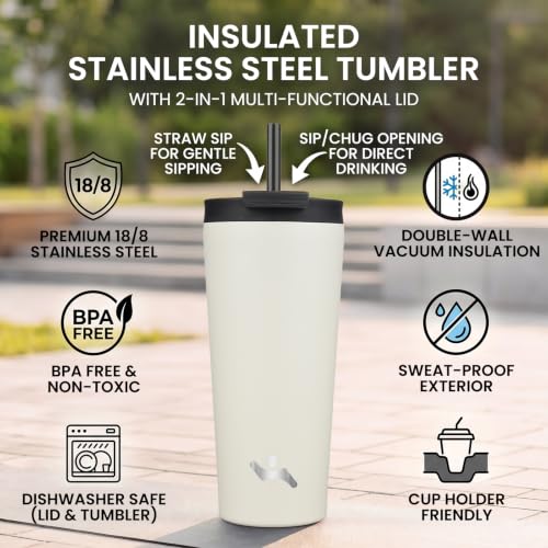Konokyo 18 oz Insulated Tumbler Water Bottle with Straw Lid, Angel White | Stainless steel insulated tumbler for coffee, water and iced drinks; spill-proof lid, 2 straws, cup-holder friendly - color: Angel White, size: 18 Ounces