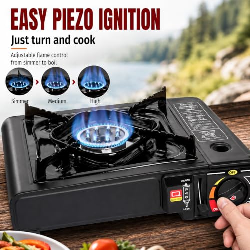 SHINESTAR 7800 BTU Dual Fuel Camping Stove, Propane Portable Gas Stove | Propane or Butane Camp Stove with Adjustable Heat Dial, Carry Case & Propane Adapter Hose,for Outdoor Cooking and Emergencies - color: Black - 7800 BTU Dual Fuel