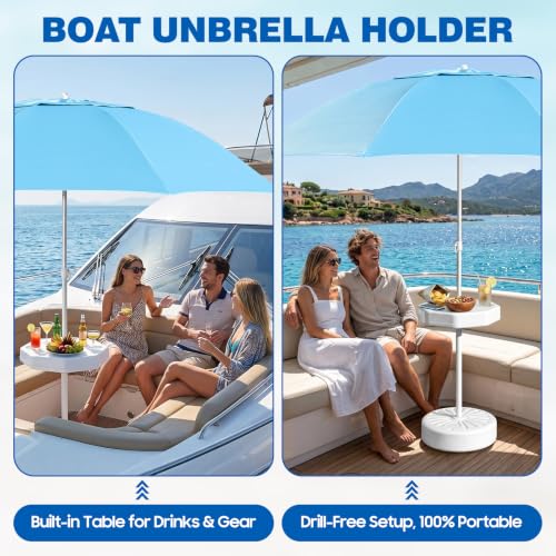 Boat Umbrella with Table, Portable Boat Shade with Sand Fill Base, UPF 50+ Pontoon Canopy for Fishing Boats, Ski Boats & Cruisers, Boat Seat Umbrella with 4 Cup Holders for Pool Deck Patio