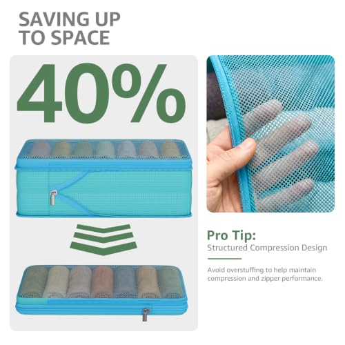 7 Set Compression Packing Cubes for Travel Essentials Suitcase, Mesh Collapsible Packing Cubes for 20-22 inch Carry on Luggage, Expandable Travel Packing Organizers with Shoe Laundry Bag (Blue) - color: Blue, size: 7 Set (For Carry-On/Medium)