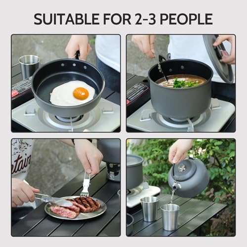 REDCAMP 6/10/11/12/14/15/19 PCS Camping Cookware Mess Kit Camping Gear Campfire Utensils Lightweight Stackable Pot Pan Bowls Soup Spoon with Storage Bag for Camping, Backpacking, Outdoor Cooking - style: Grey,16pcs W/Kettle