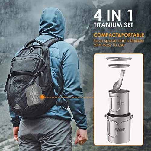 TOMSHOO 750ml Titanium Pot with Lid + 450ml Titanium Mug + Folding Spork | Camping Coffee Cup with Foldable Handle, Backpacking Cup for Hiking Travelling Camping Open Fire - size: 750 mL Pot + 450 mL Cup + Spork