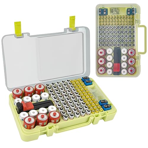 Battery Organizer Storage Case with Tester Checker. Batteries Holder Box Container for 120+ AA AAA 9V C D Lithium CR2025 CR1632 CR2032 Coin Cell Battery with Wall-Mounted Design -Green - color: Green