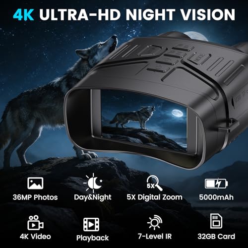 Night Vision Goggles for Adults, 4K Night Vision Binoculars with 5000mAh Rechargeable Battery and 32GB TF Card for Hunting, Wildlife Observation and Security - color: Dark Black