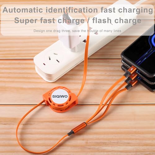 SIQIWO Retractable Multi USB C Charging Cable, 3 in 1 Fast Charging Cord | QC 3.0 Data Sync Fast Charging, Phone Charger Cord ,Travel Car Charger for iPhone17/ Samsung/ MacBook/ Switch - 3.3Ft/ 2 Pack - color: Orange