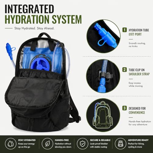 Zavothy 20L Multipurpose Hiking Backpack with 3L Water Bladder – Durable Hydration Backpack with Insulated Bladder Compartment, Hidden Helmet Holder & Rain Cover – for Hiking, Commuting, and Camping - color: Black