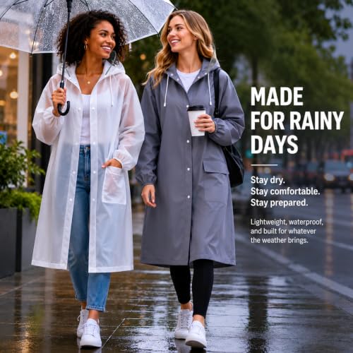 Women's EVA Raincoat, Waterproof Hooded Long Rain Poncho - color: Clear White, size: Large