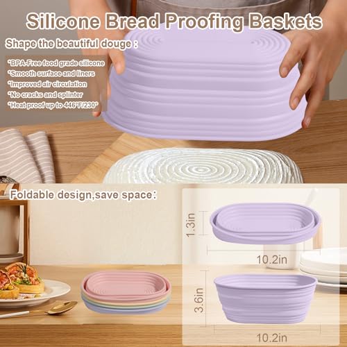 4Pcs Silicone Banneton Bread Proofing Baskets, 10" Collapsible Sourdough Bread Baking Supplies Non-Stick Oval Dough Proofing Bowl Containers Oven Safe for Various Tastes Bread Making-BPA Free - size: 10" Oval