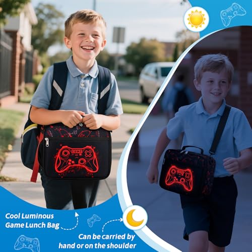 DIGOBAY Insulated Lunch Box for Kids Boys Cool Luminous Gamer Lunch Bag - color: Red