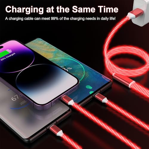 3-in-1 Light Up LED Flowing Lightning/Type C/Micro USB Car Glowing Charge Cable for iPhone,Red Multi RGB Car Charger Cord for Apple iPhone 15/14/13/12/11 Pro Max/XR/XS/SE,iPad/Android/Samsung-4FT - color: Red