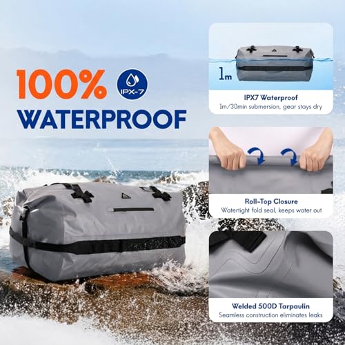 Haimont IPX7 Waterproof Roll-Top Dry Duffel Backpack | 60L/90L Sizes, 500D Tarpaulin, Welded Seams, Mesh Pockets, Boating & Kayaking - color: Light Gray, size: 60L