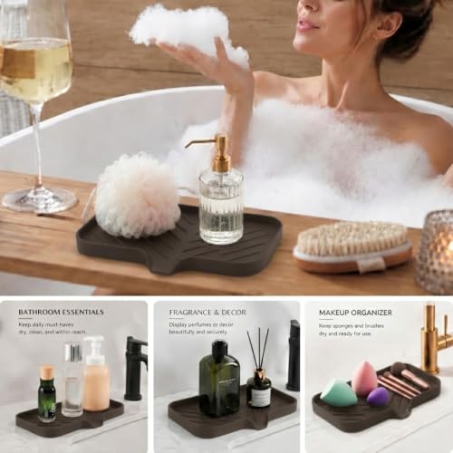 MicoYang Silicone Soap Dish with Drain Spout — Self-Draining Sink Organizer Tray for Bathroom & Kitchen, Sponges, Dispensers & Soap Holder, Non-Slip & Dishwasher Safe, Coffee (Medium, 9.6"×5.3") - color: Coffee, size: M(9.6"×5.3")