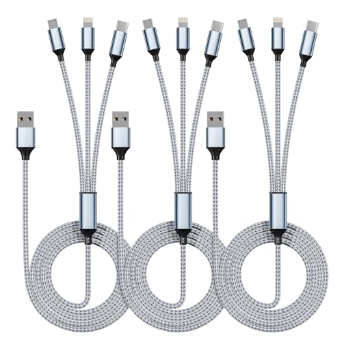 Multi Charging Cable(3Pack 4FT), 3 in 1 Charging Cord for Multiple Devices | Nylon Braided Multiple Charger Cord, USB Cable Universal Charger with Type-C, Micro USB and IP Port for Cell Phones and More - color: Gray White, size: 3Pack 4 ft