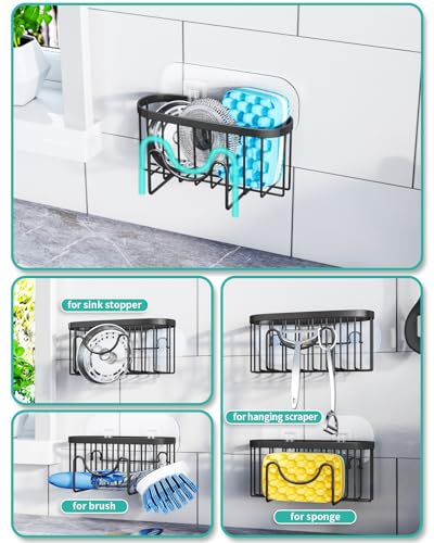HapiRm Multifunctional Sponge Holder with Unique M-Shaped, 2 Installation Methods Kitchen Sink Caddy Organizer, Rustproof Stainless Steel Kitchen Organizers and Storage Essentials - Black - color: Black, size: with M-shaped Holder