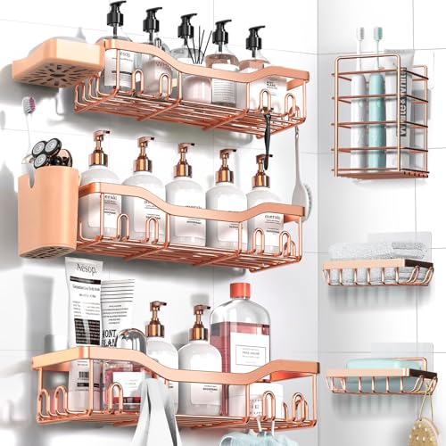 NESOMI Shower Caddy Adhesive Shower Organizer 8-Pack, Rustproof Stainless Steel Bathroom Shelves, Large Capacity No-Drill Rack Storage Accessories with Soap Dish Toothbrush Holder Hooks - color: Rose Gold, size: 8-Piece Set